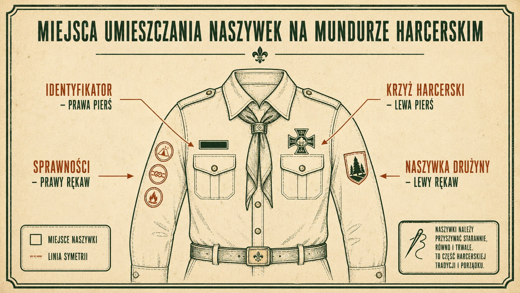 Mapa munduru harcerskiego ze strefami naszywania naszywek drużyny, zastępu i sprawności