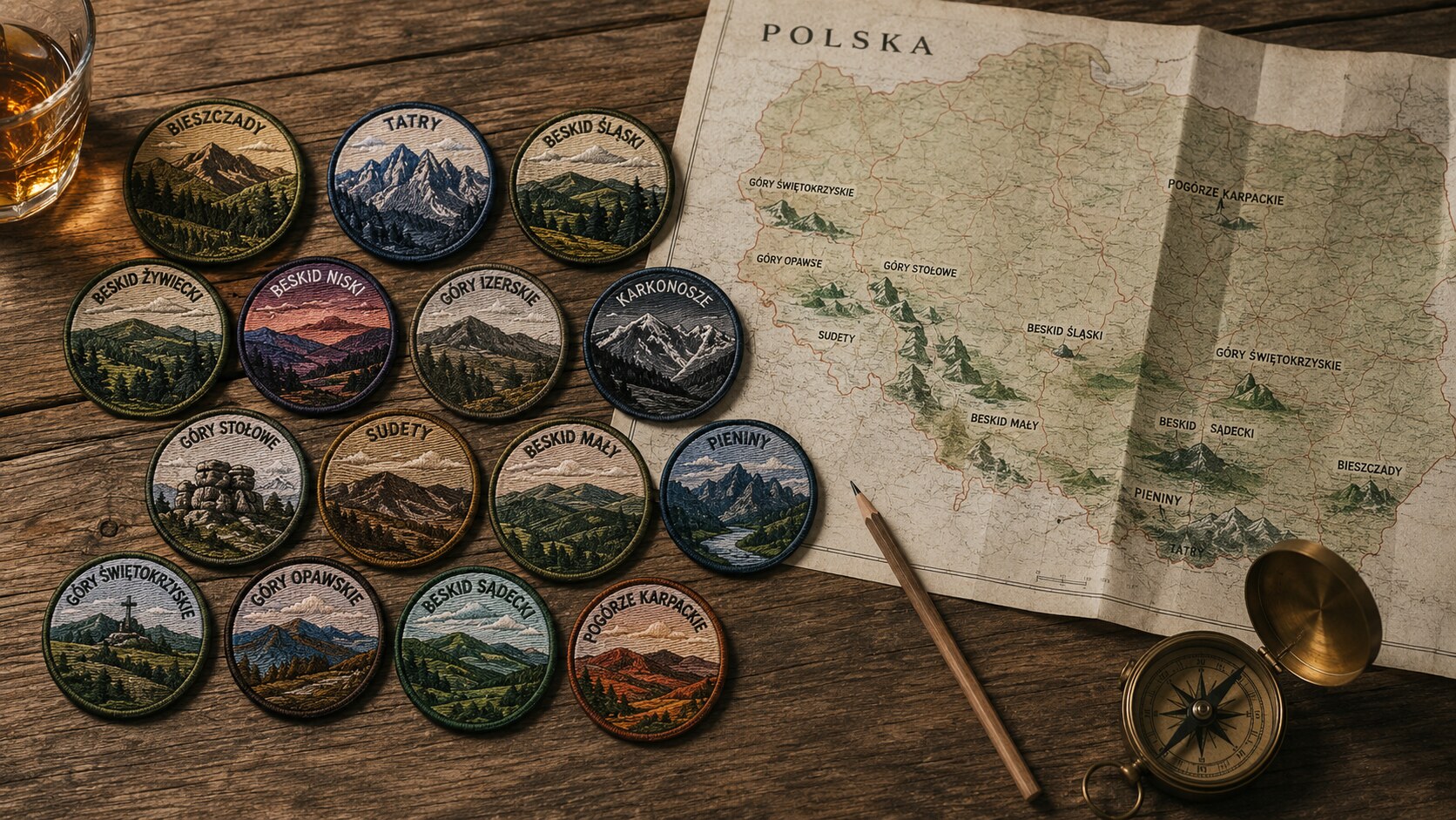 Kolekcja naszywek pasm Korony Gór Polski ułożona na drewnianym stole z mapami i bursztynowym napojem